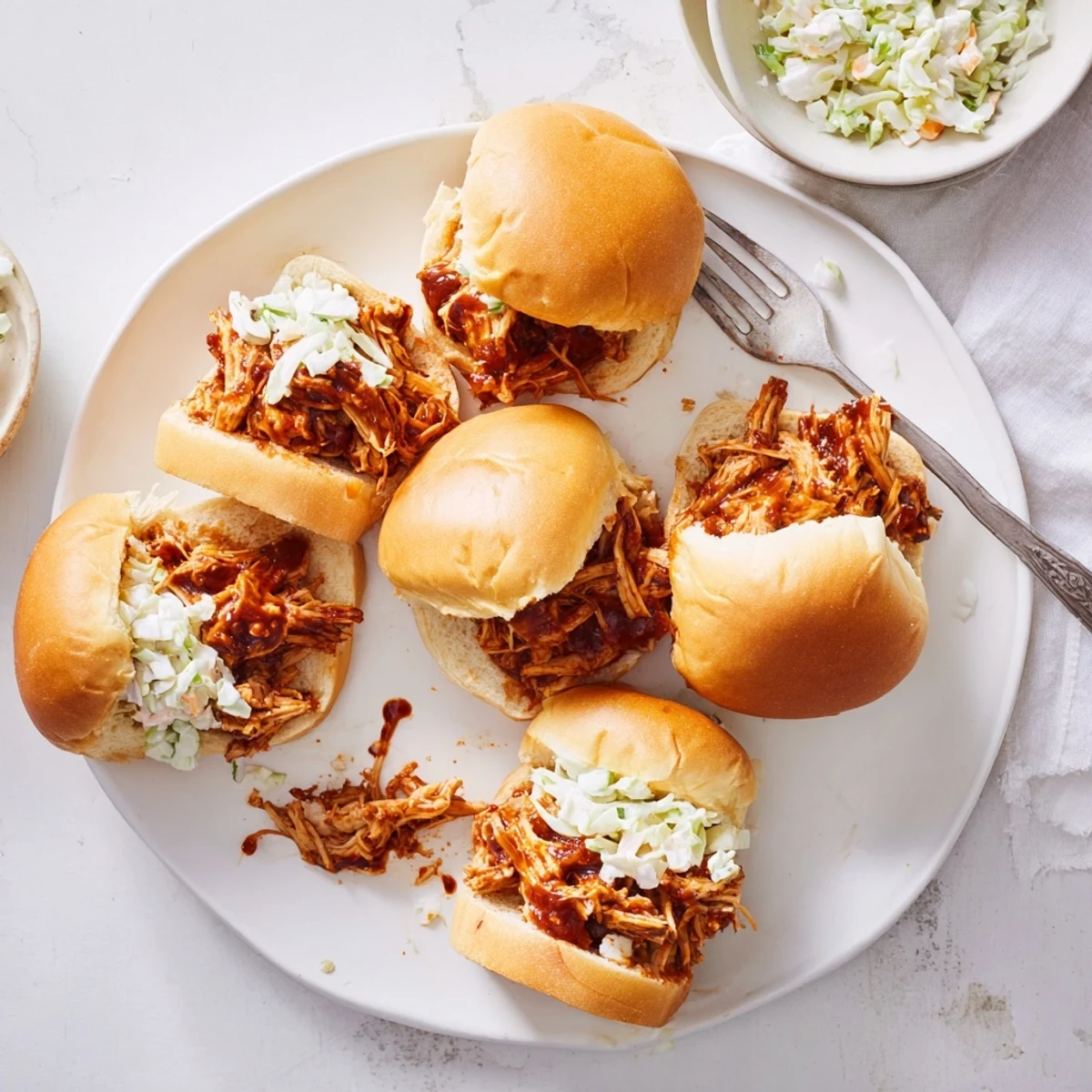 BBQ Pulled Chicken Sliders on sweet Hawaiian rolls topped with creamy coleslaw