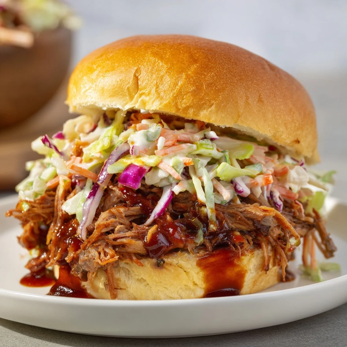 Tender BBQ pulled beef sliders stacked with crisp coleslaw on toasted golden brioche buns
