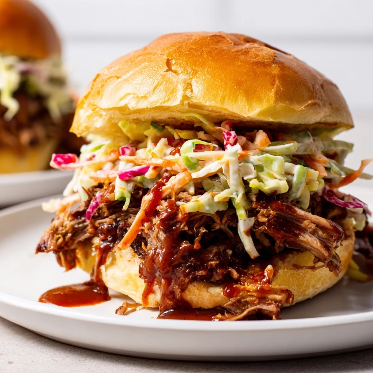 Golden brioche slider buns piled high with smoky BBQ beef and crunchy colorful coleslaw topping
