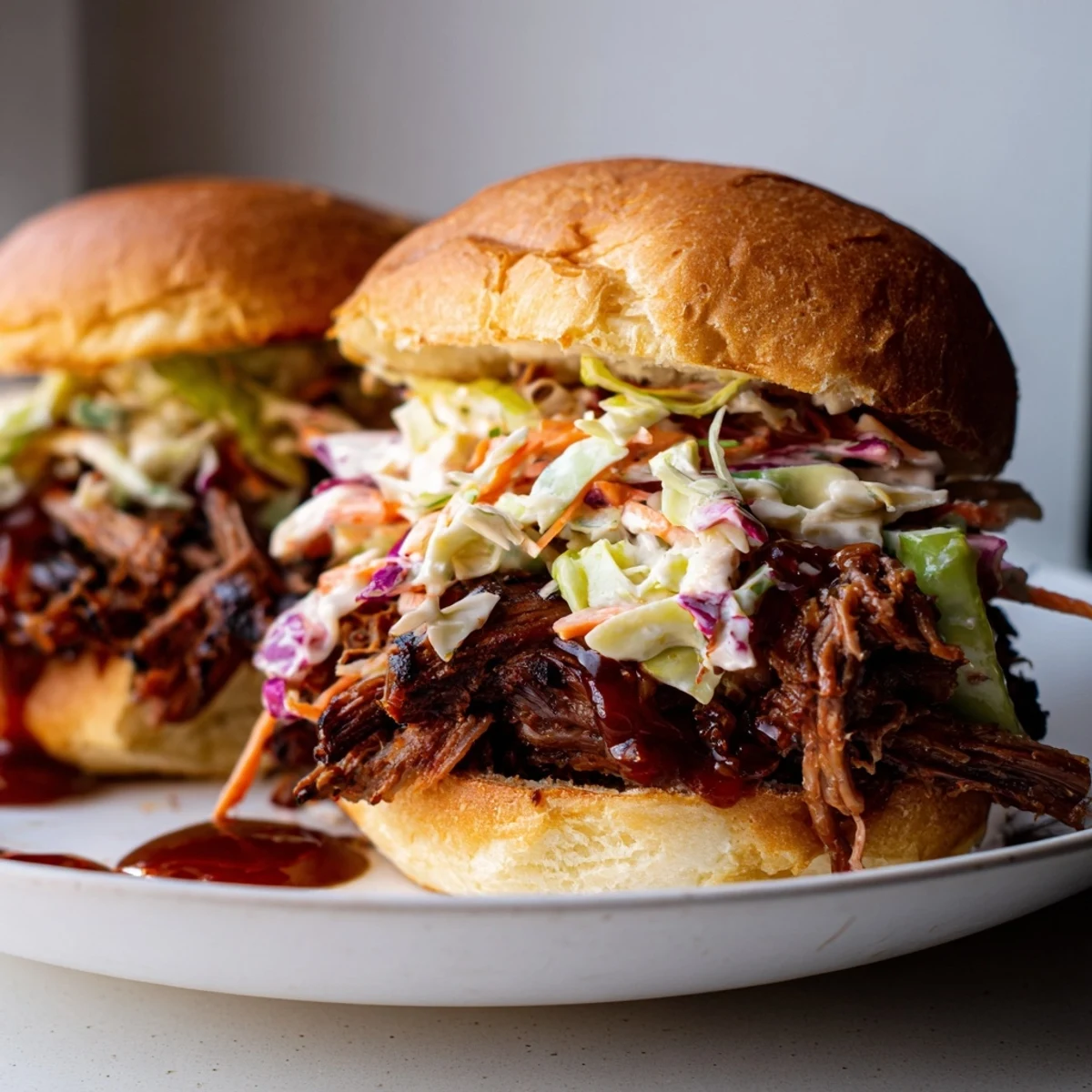 Messy BBQ pulled beef sliders featuring creamy coleslaw on soft brioche buns perfect for parties