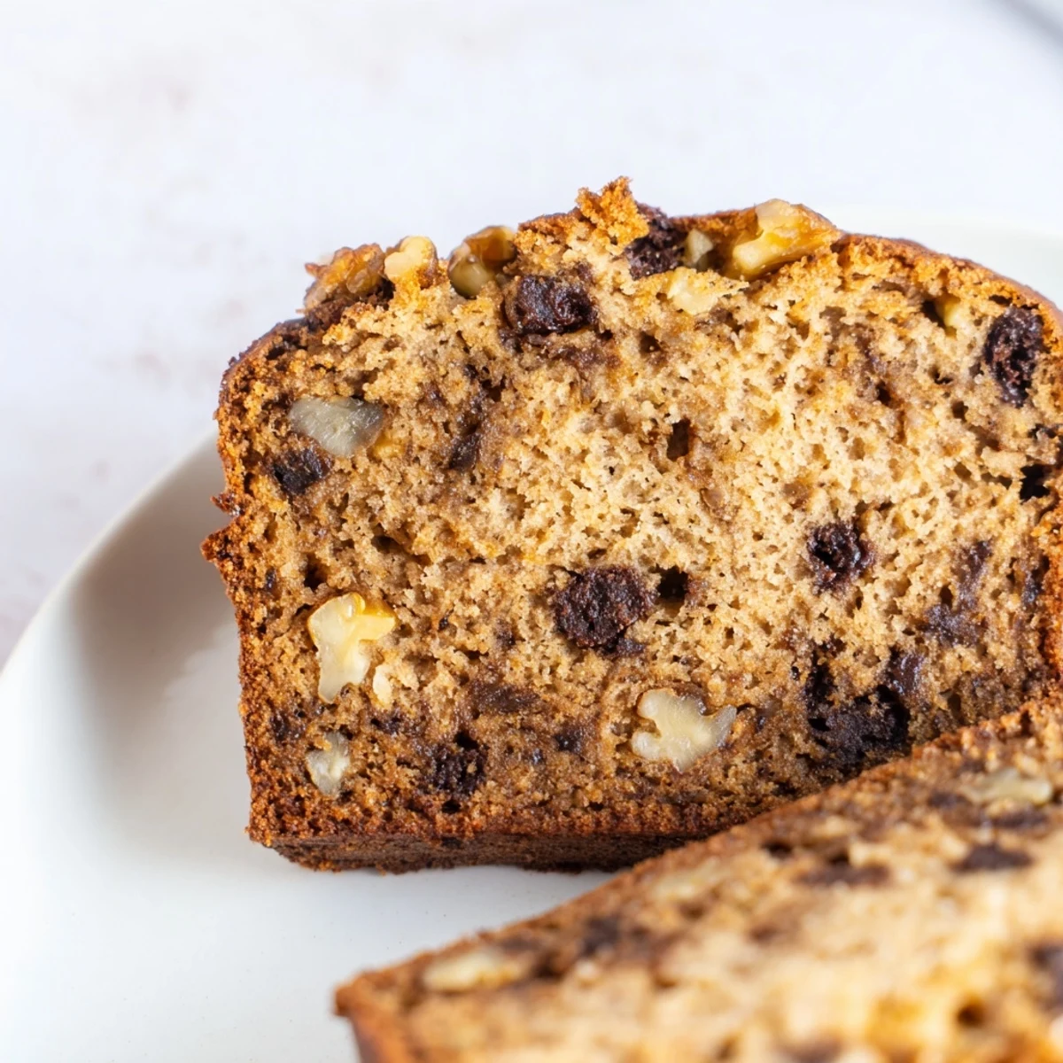 Golden slice of protein banana bread oil free topped with chopped walnuts on a white plate