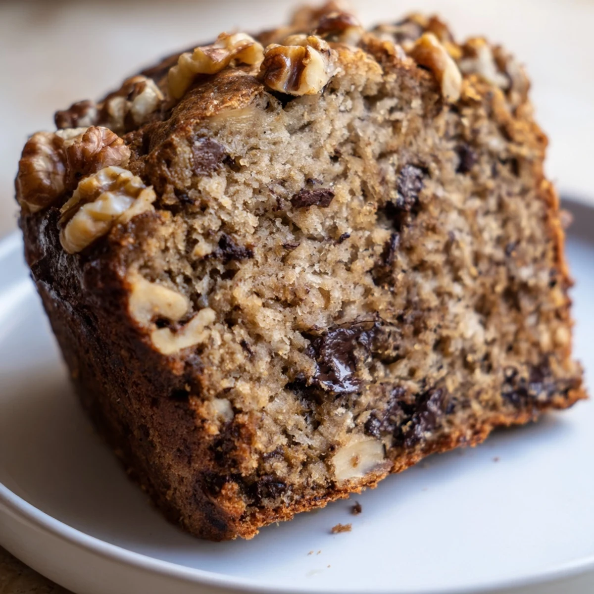 Freshly baked protein banana bread oil free with visible texture and chocolate chips on a wire cooling rack