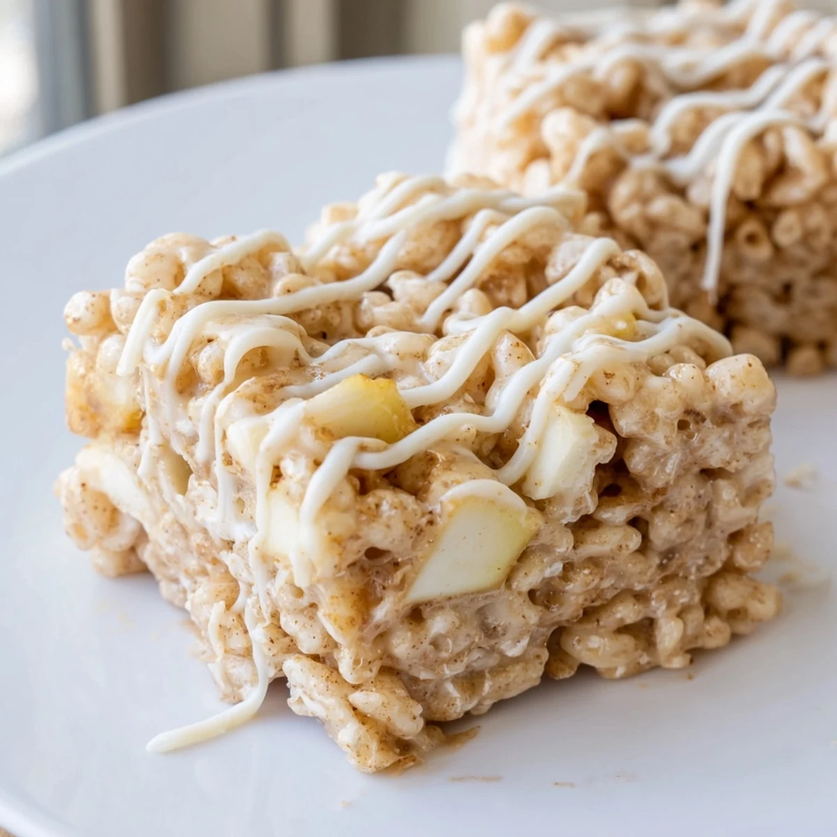 Golden apple pie rice krispie treats squares drizzled with white chocolate on a serving plate