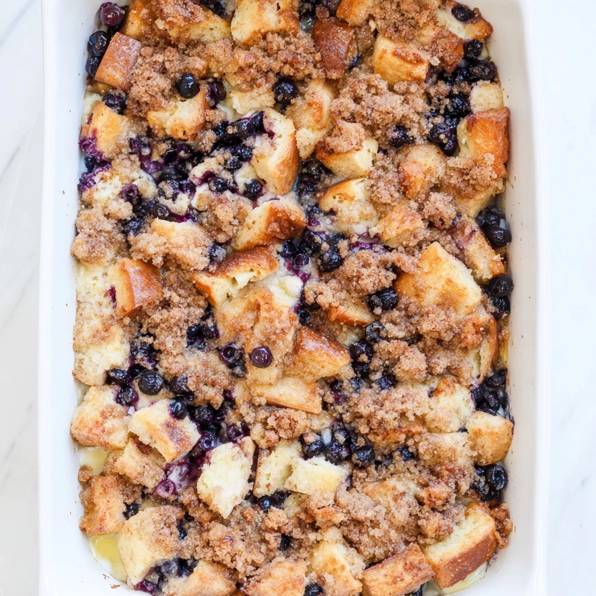 Golden blueberry cream cheese french toast casserole baked to perfection with crunchy cinnamon streusel topping