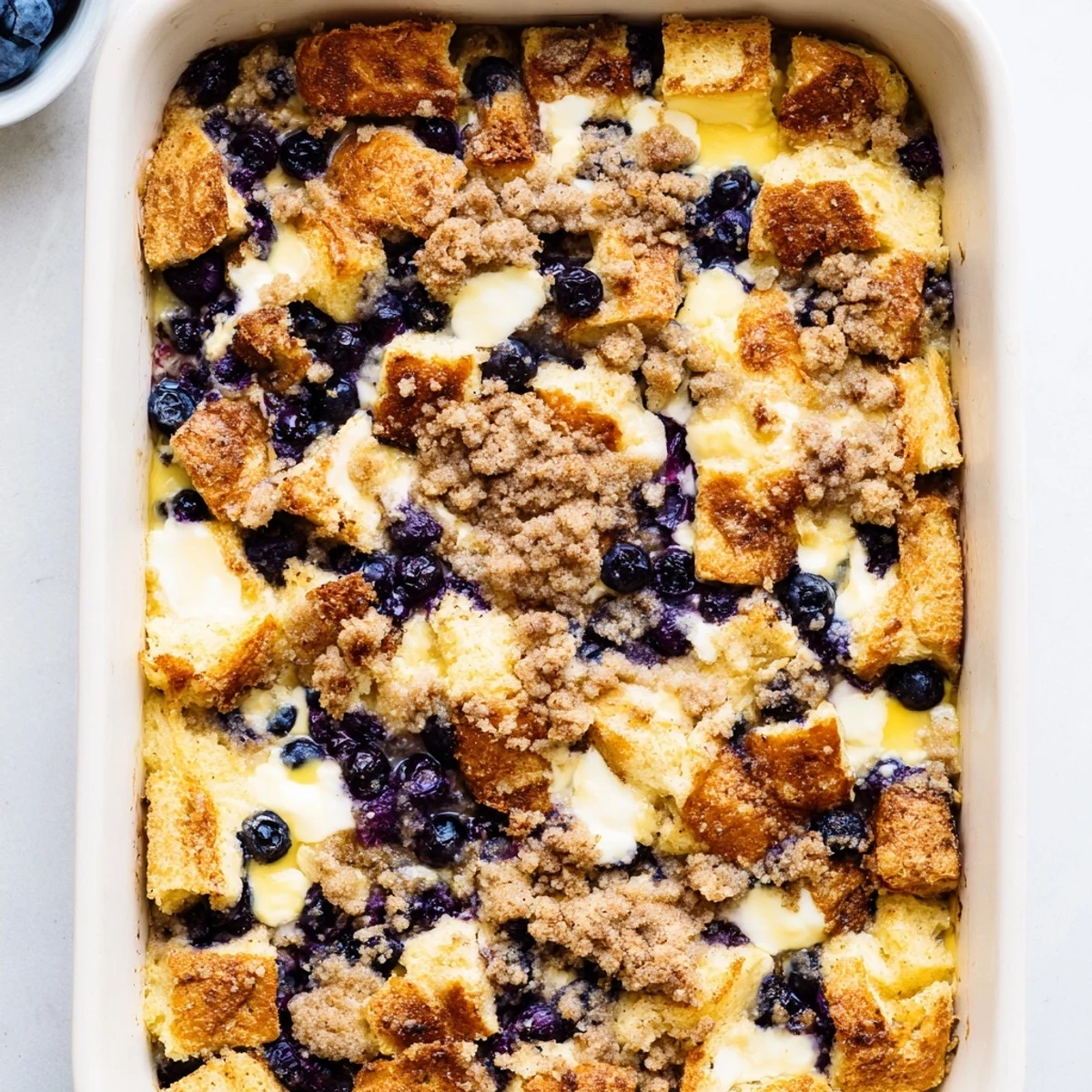 Creamy blueberry cream cheese french toast casserole dish served warm with powdered sugar dusting