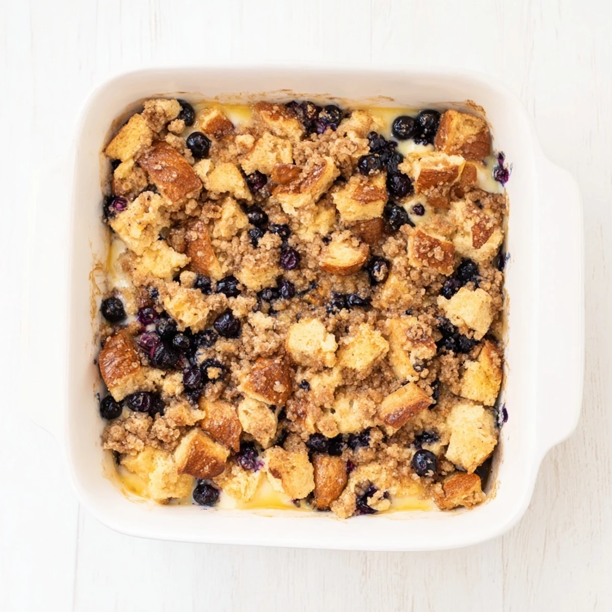 Baked blueberry cream cheese french toast casserole featuring plump juicy berries in golden custard soaked bread
