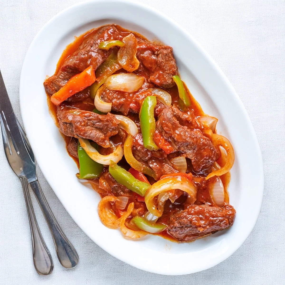 Golden seared Swiss Steak braised slowly with vegetables in a savory red tomato gravy