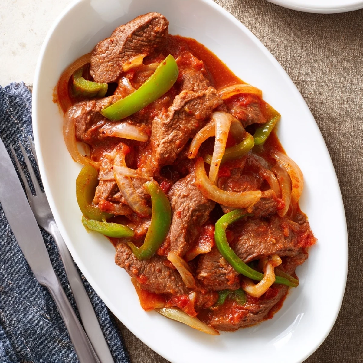 Tender Old Fashioned Swiss Steak with beef simmered in rich tomato sauce with onions and bell peppers