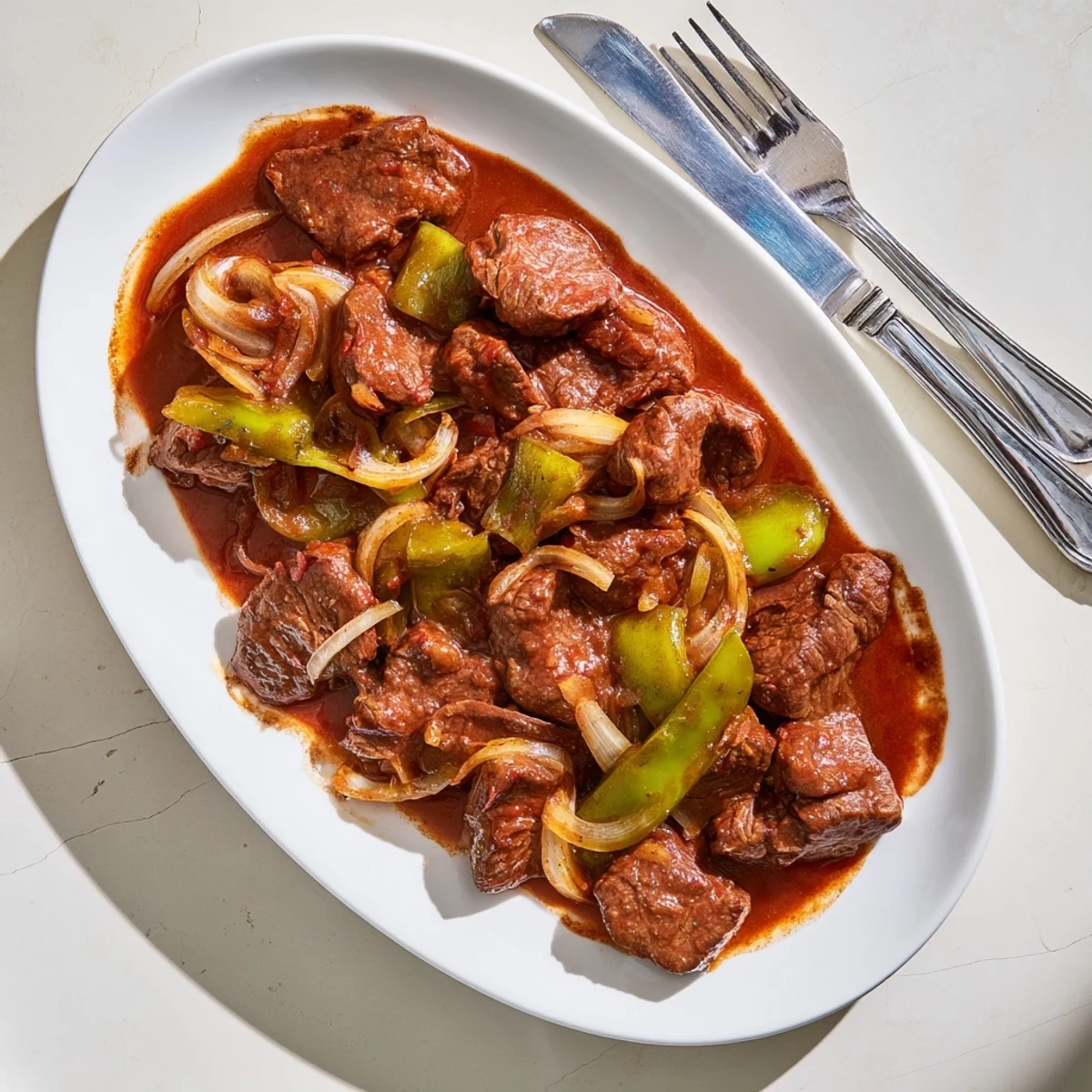 Classic comfort food Old Fashioned Swiss Steak served piping hot over mashed potatoes with rustic vegetables