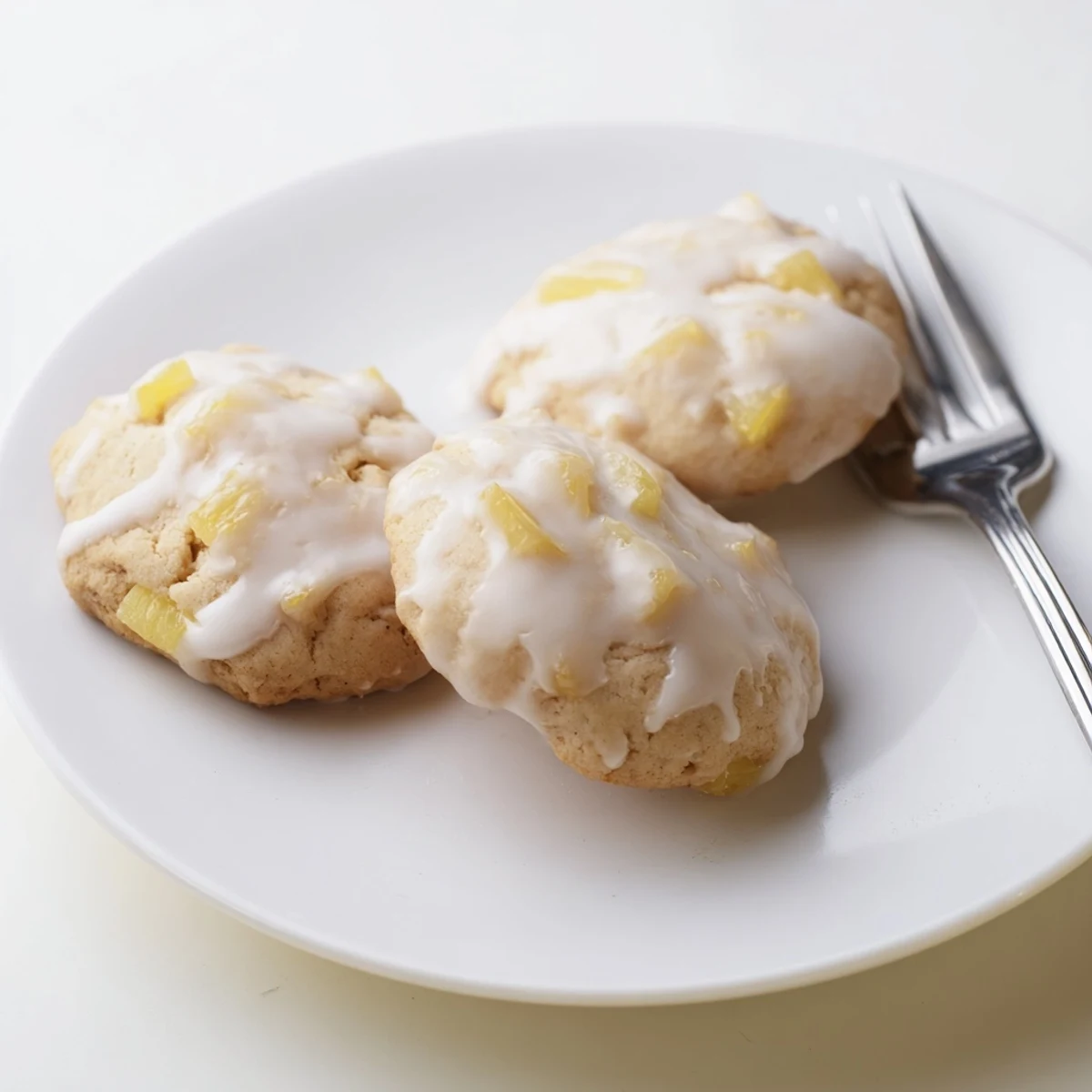 Golden homemade pineapple cookies cooling on a wire rack with sweet pineapple glaze drizzled over them