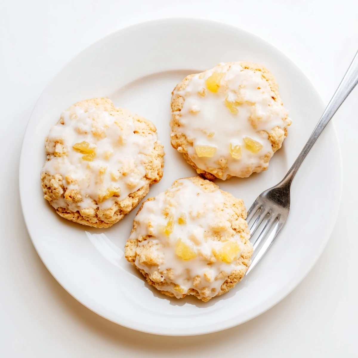 Freshly baked tropical pineapple cookies with chunks of crushed pineapple visible in the buttery dough