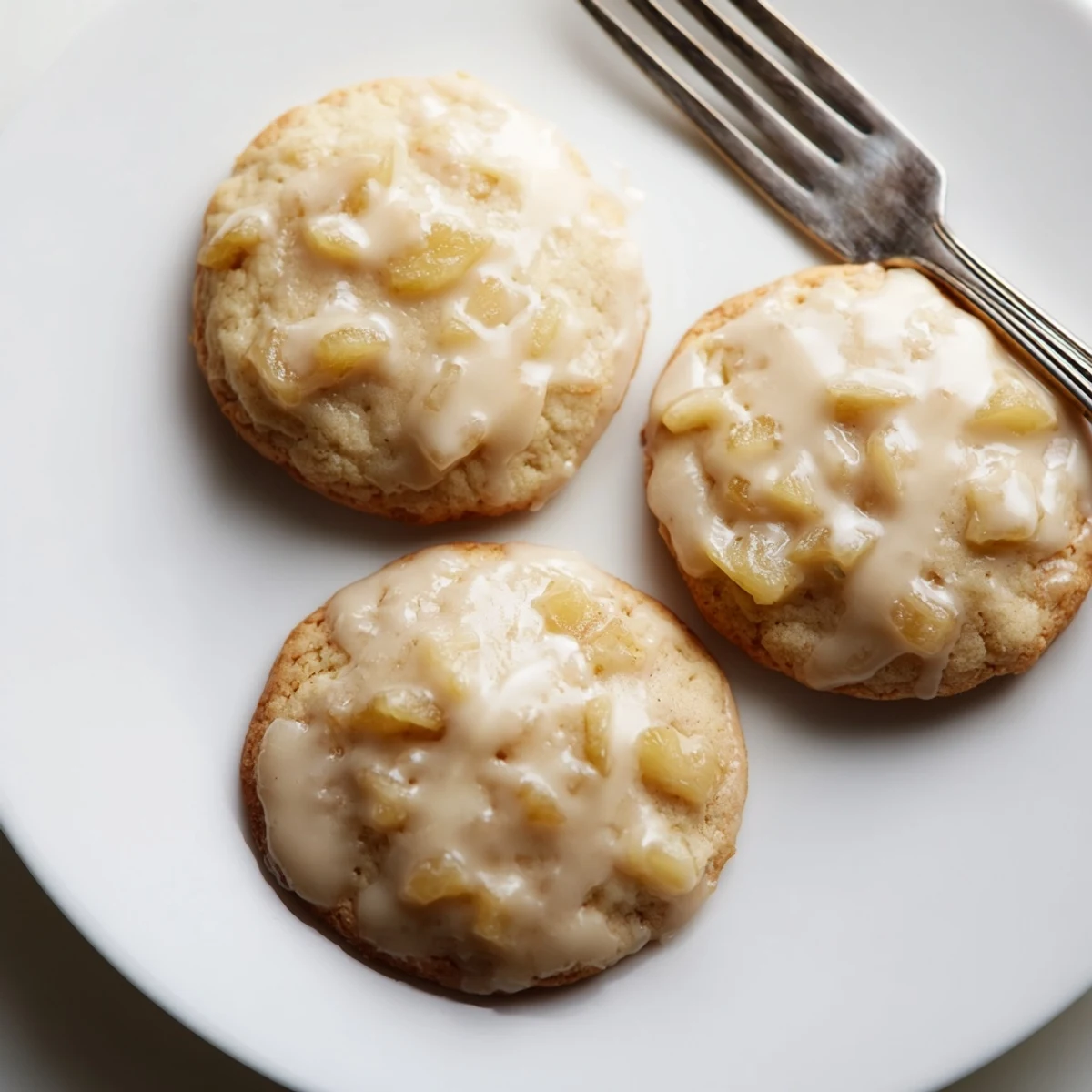Batch of soft pineapple cookies arranged on a wooden board, topped with optional white glaze