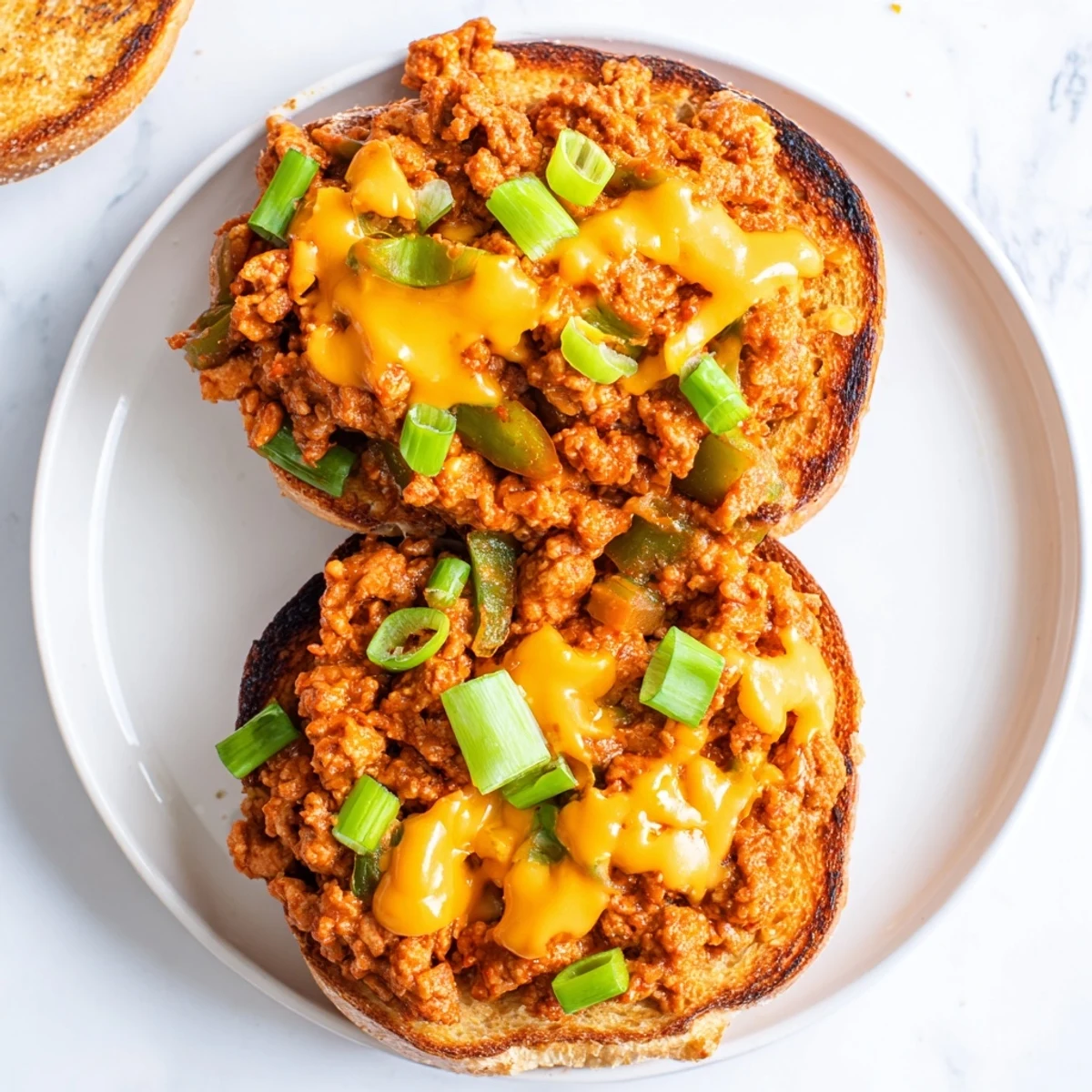 Golden Cajun chicken sloppy joes piled onto toasted brioche buns with drizzled cheddar cheese sauce