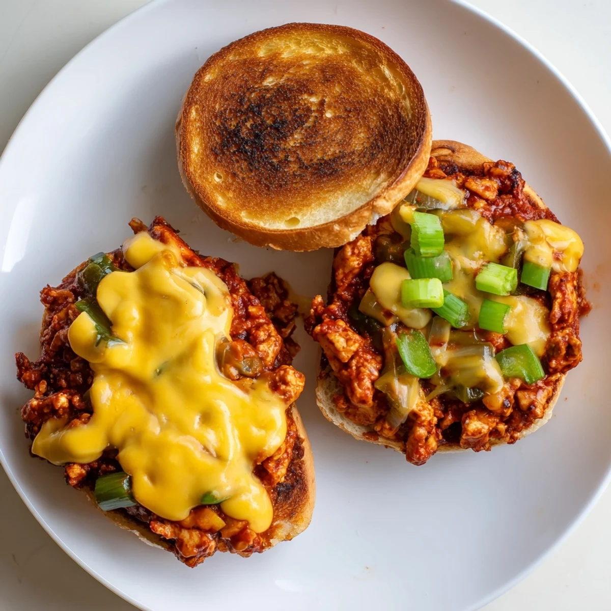 Hearty Cajun-seasoned chicken sloppy joes smothered in homemade cheese sauce on soft hamburger buns