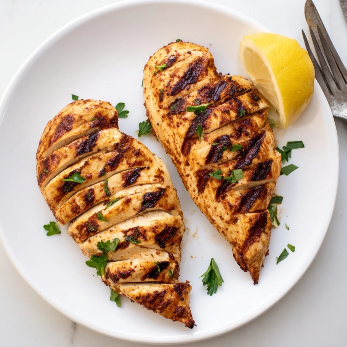 Grilled Chicken with charred grill marks, juicy interior and lemon wedge