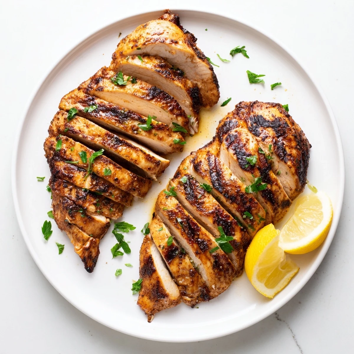 Sliced Grilled Chicken resting on cutting board, sprinkled with fresh parsley