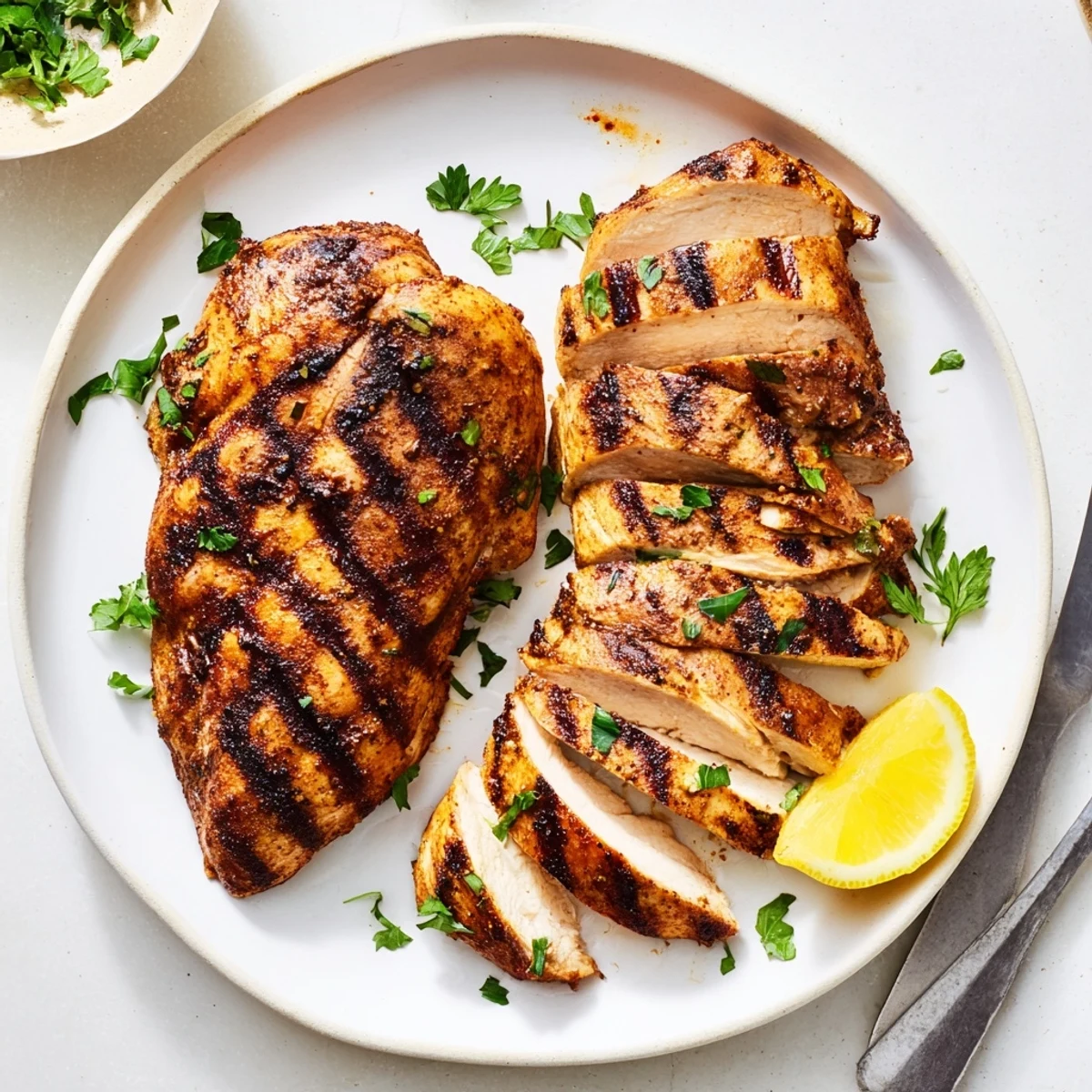 Herb-marinated Grilled Chicken glistening with olive oil, served with grilled vegetables