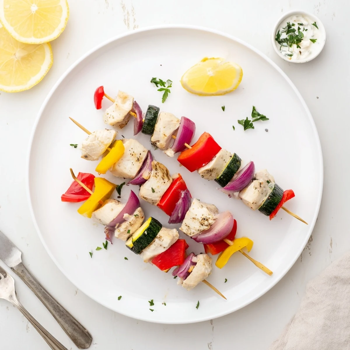 Skewered Greek Marinated Chicken Kabobs glisten with charred edges and colorful peppers