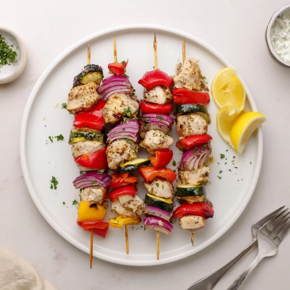 Grilled Greek Marinated Chicken Kabobs served with lemon wedges and creamy tzatziki