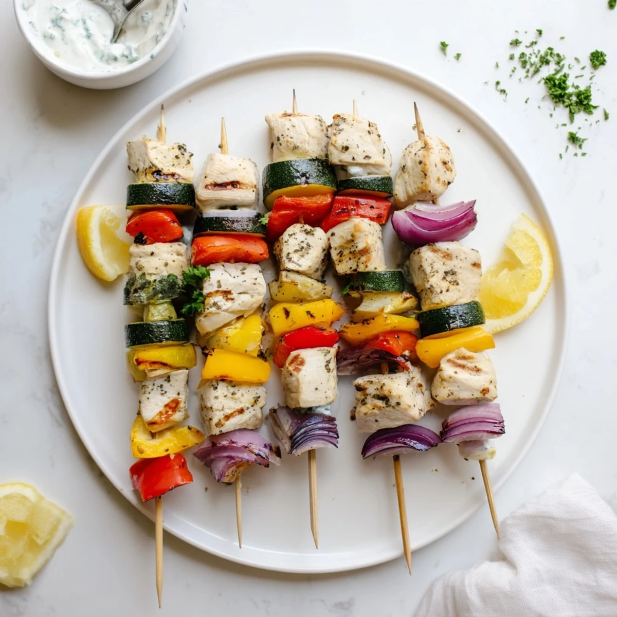 Greek Marinated Chicken Kabobs piled over warm pita with parsley and lemon