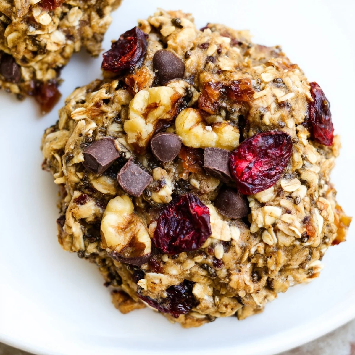 Golden healthy breakfast cookies studded with walnuts and dried cranberries on a baking sheet