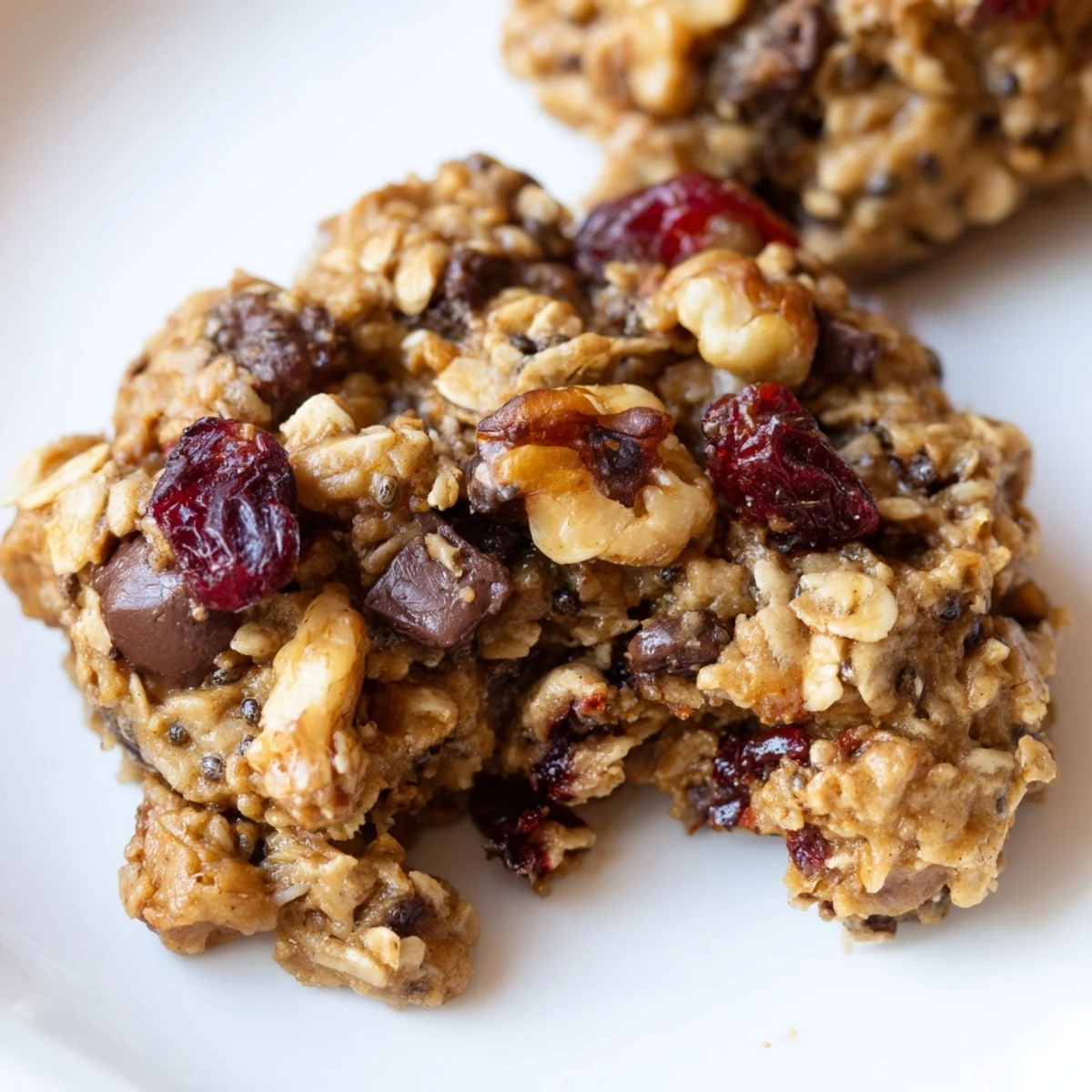 Freshly baked healthy breakfast cookies stacked on a wire rack with oats and mix-ins visible