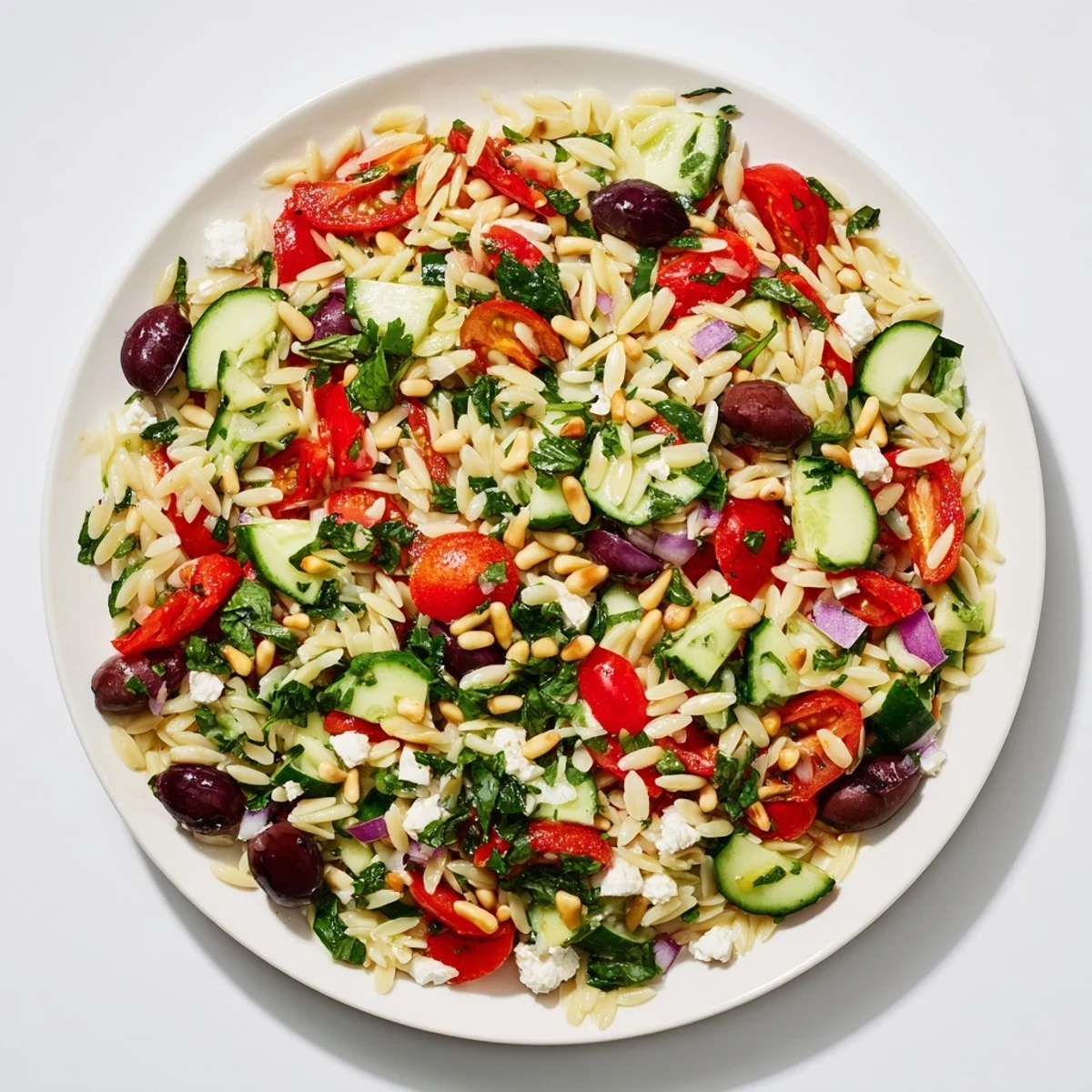 Colorful Mediterranean orzo power salad bowl topped with crumbled feta and fresh vegetables