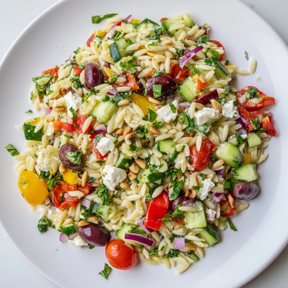 Vibrant orzo pasta salad tossed with cherry tomatoes, cucumber, olives, and lemon herb dressing