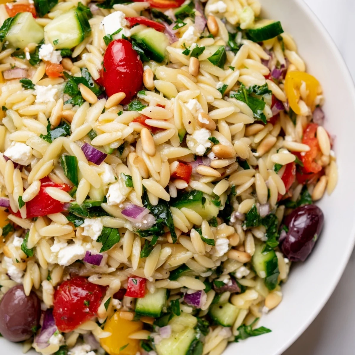 Fresh Mediterranean orzo power salad served chilled with toasted pine nuts and chopped herbs