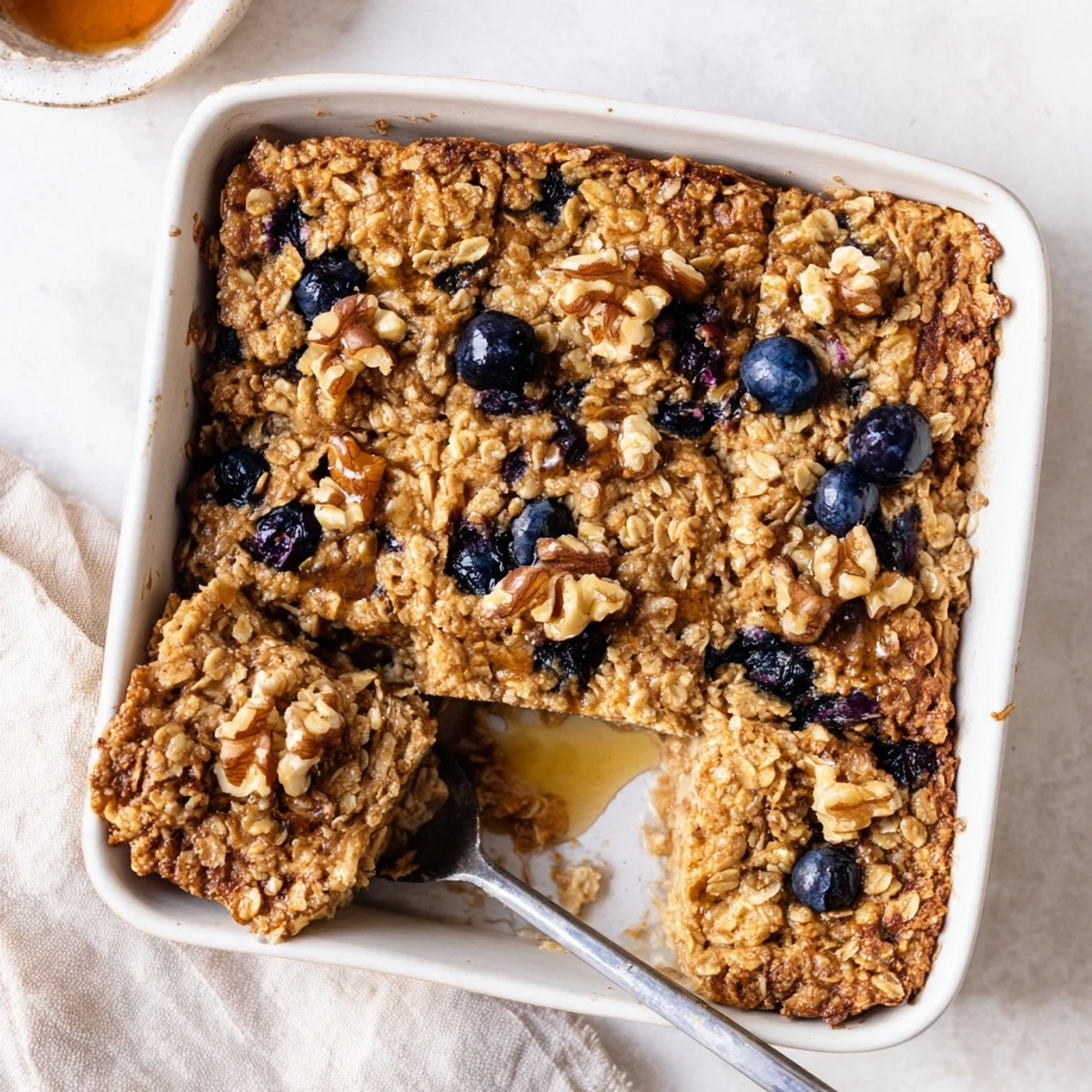 Warm serving of homemade baked oatmeal topped with sliced bananas and chopped walnuts