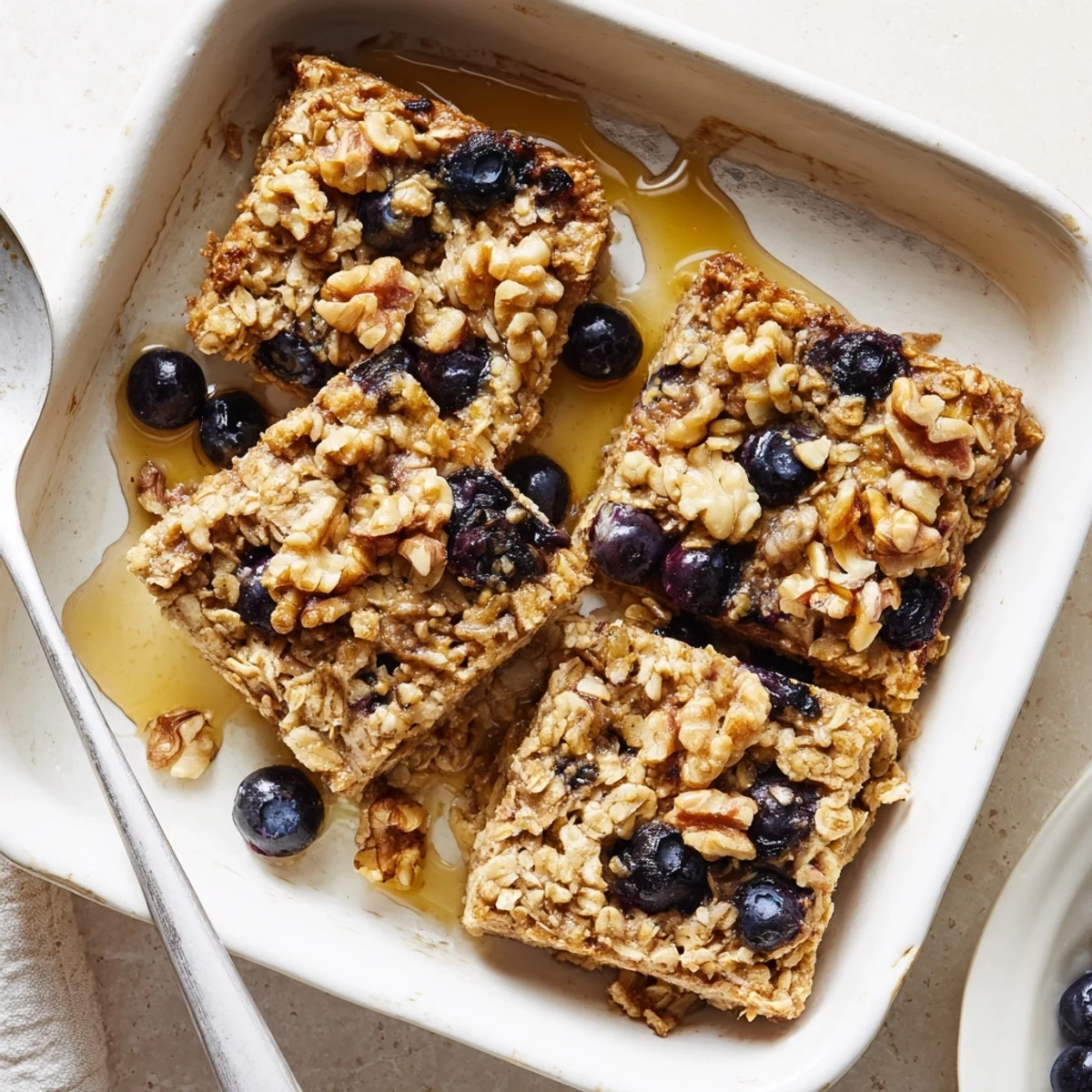 Cozy breakfast baked oatmeal dish with diced apples and a drizzle of maple syrup