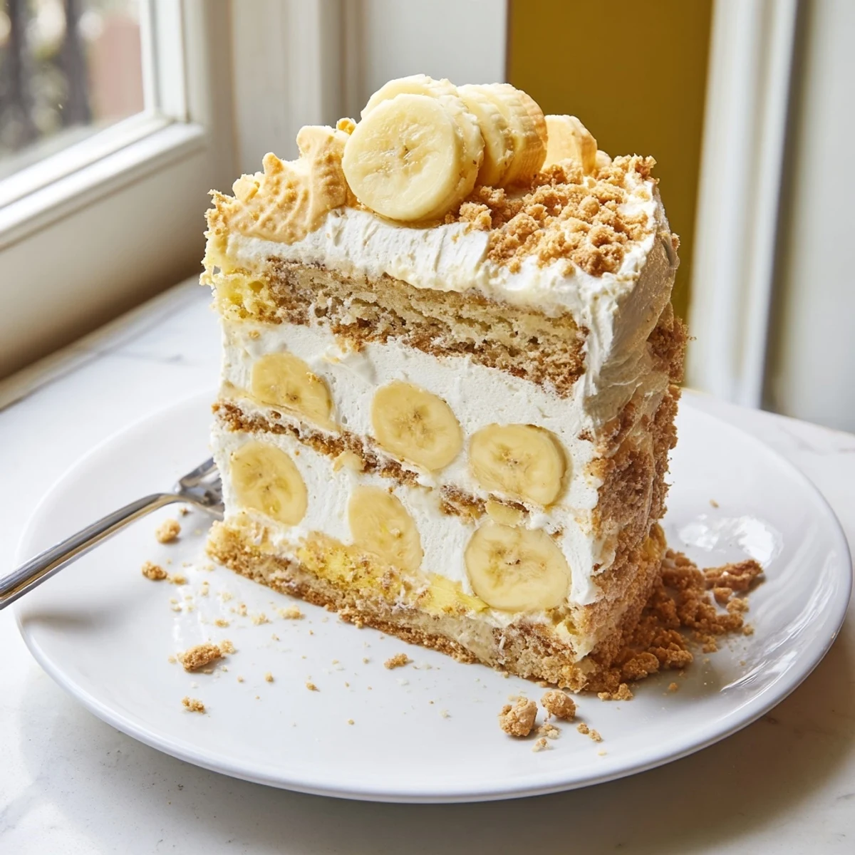 Golden banana pudding cake recipe layered with creamy vanilla pudding and fresh banana slices