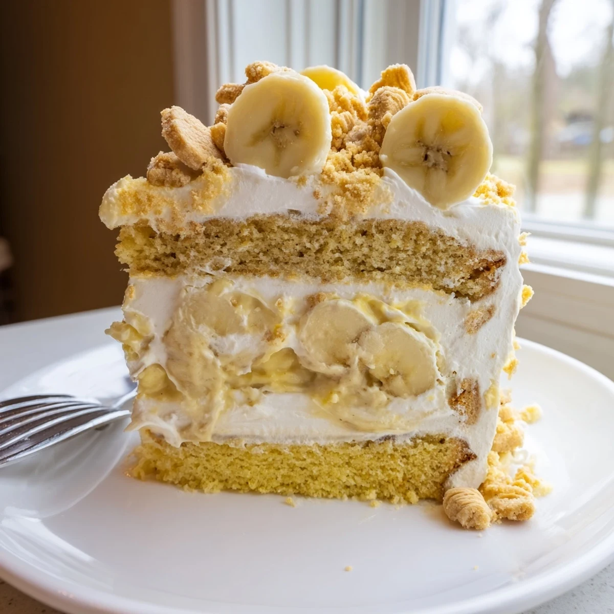 Decadent banana pudding cake recipe showcasing moist layers with pudding and banana garnish