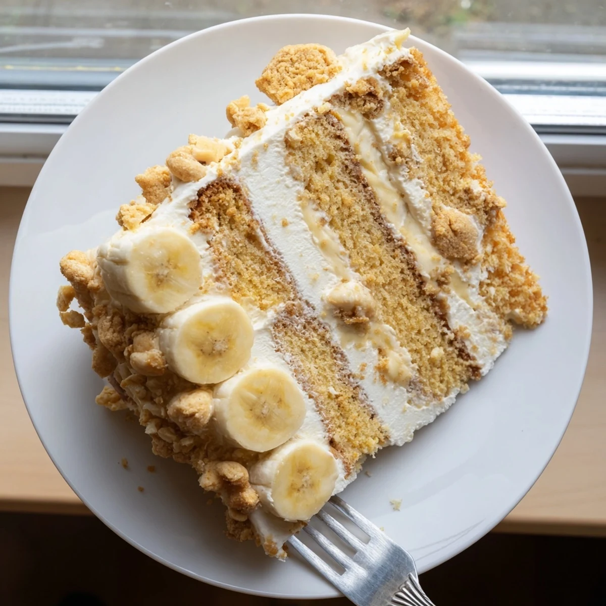 Southern-style banana pudding cake recipe topped with crushed vanilla wafers and whipped cream