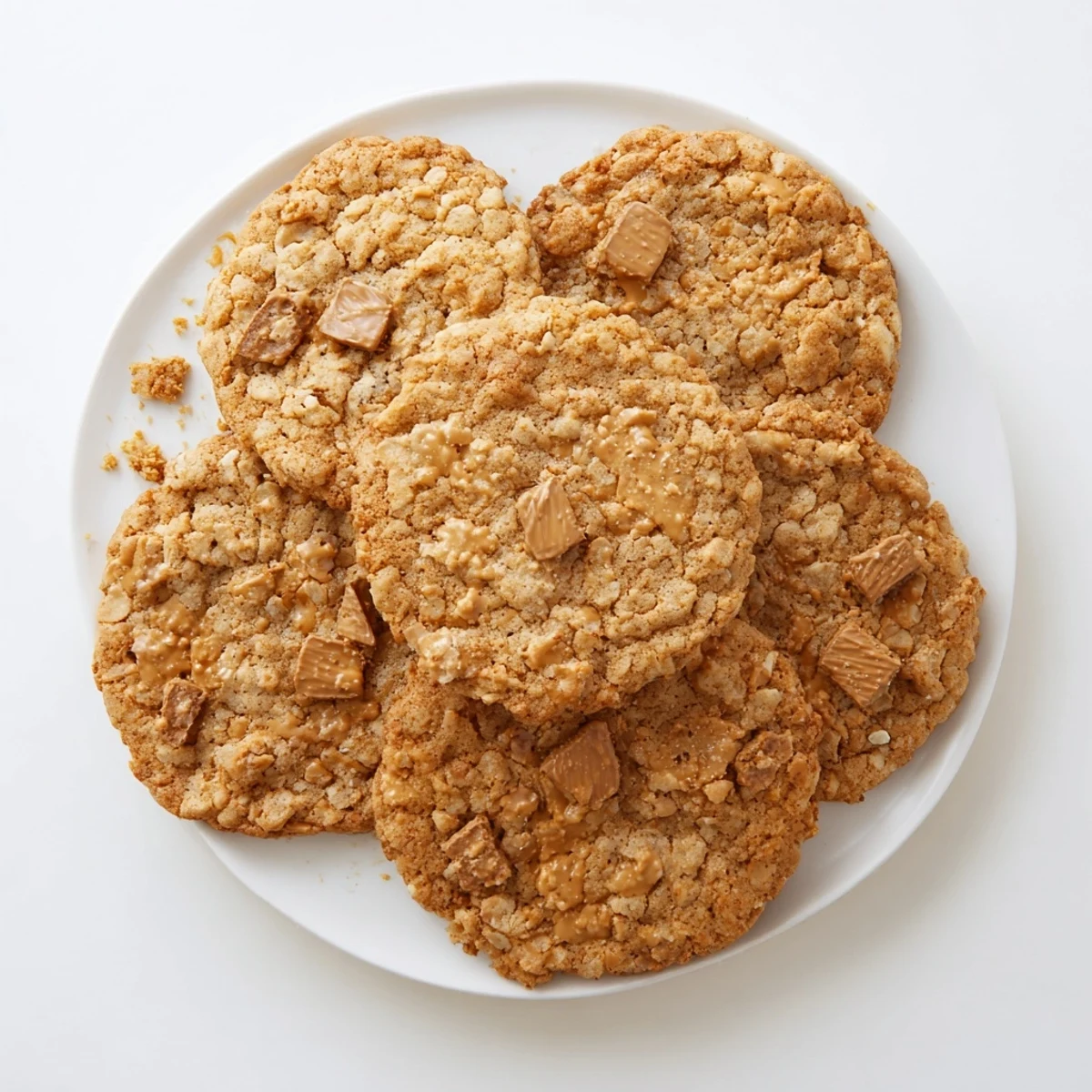 Golden Biscoff oatmeal Lotus cookies topped with crunchy caramel cookie pieces on a white plate