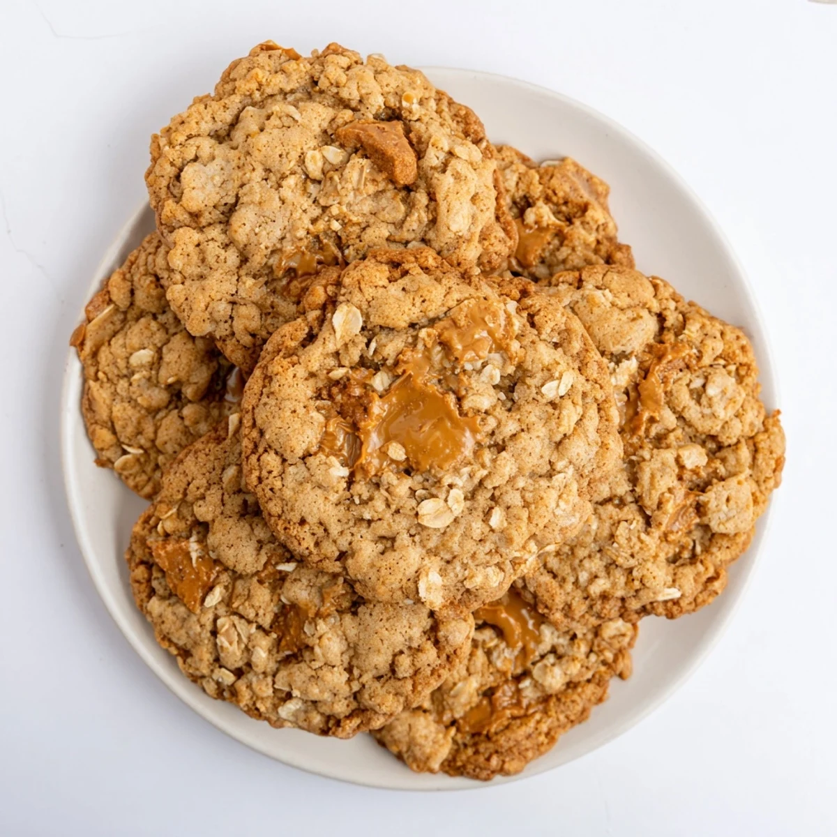Stack of warm Biscoff oatmeal Lotus cookies featuring chunky caramelized Biscoff bits and rolled oats