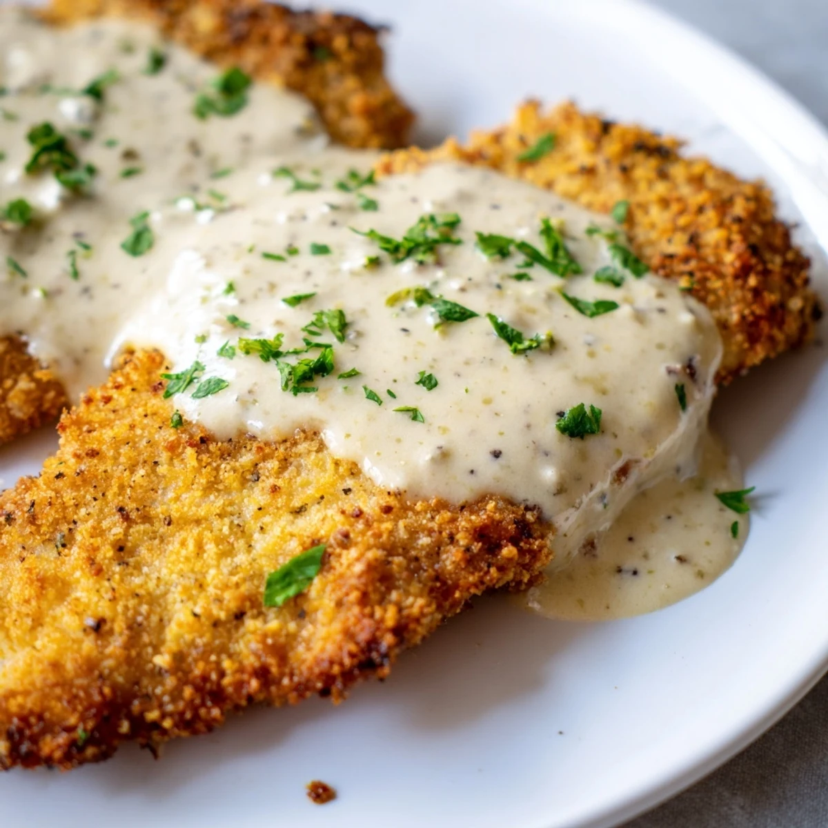 Golden crispy chicken breasts drizzled with velvety Parmesan cream sauce garnished with parsley