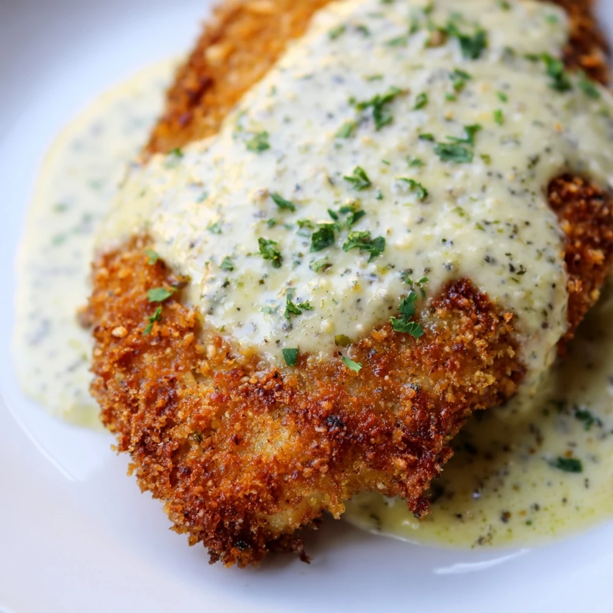 Breaded pan-fried chicken smothered in rich garlic cream sauce served for dinner