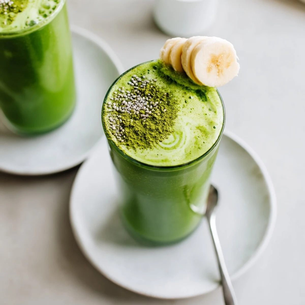 Creamy Matcha Smoothie in glass, vibrant green, topped with banana slice