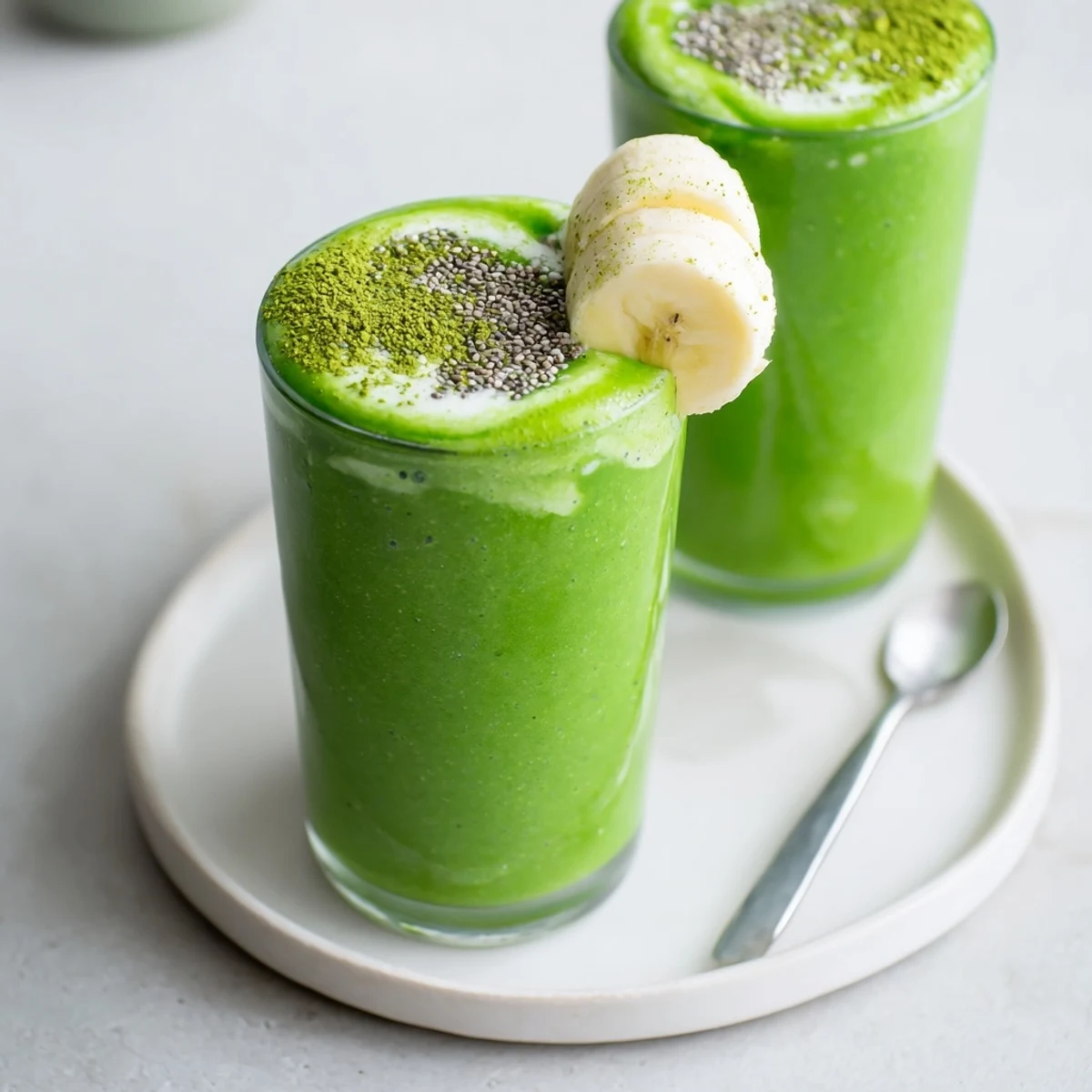 Chilled Matcha Smoothie swirled smooth, almond milk sheen, energizing breakfast sip