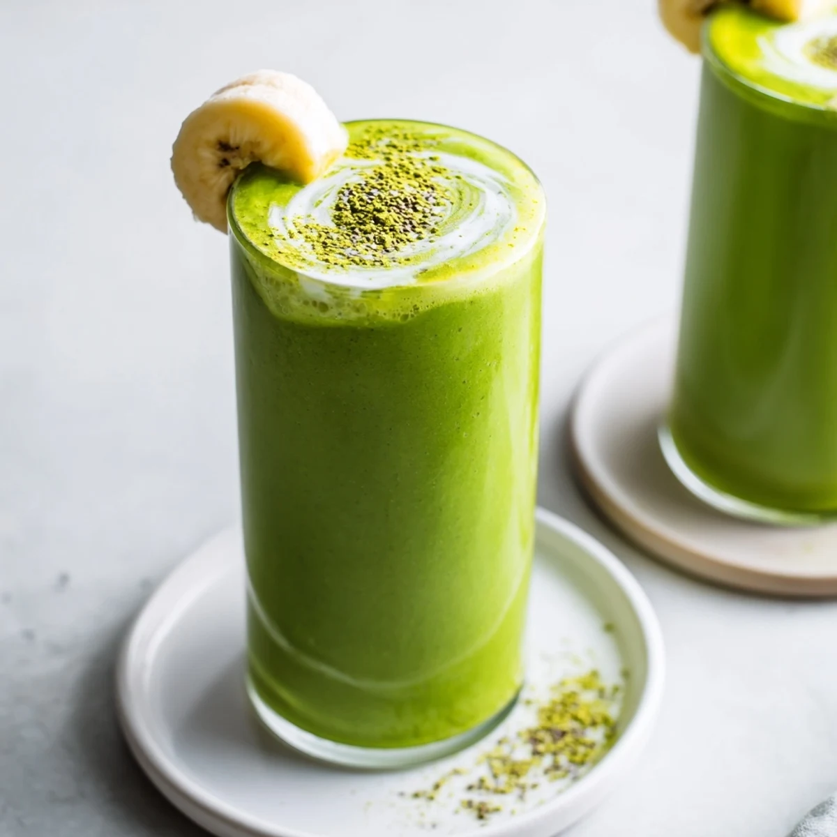Vegan Matcha Smoothie poured into tall glass, creamy banana and maple aroma