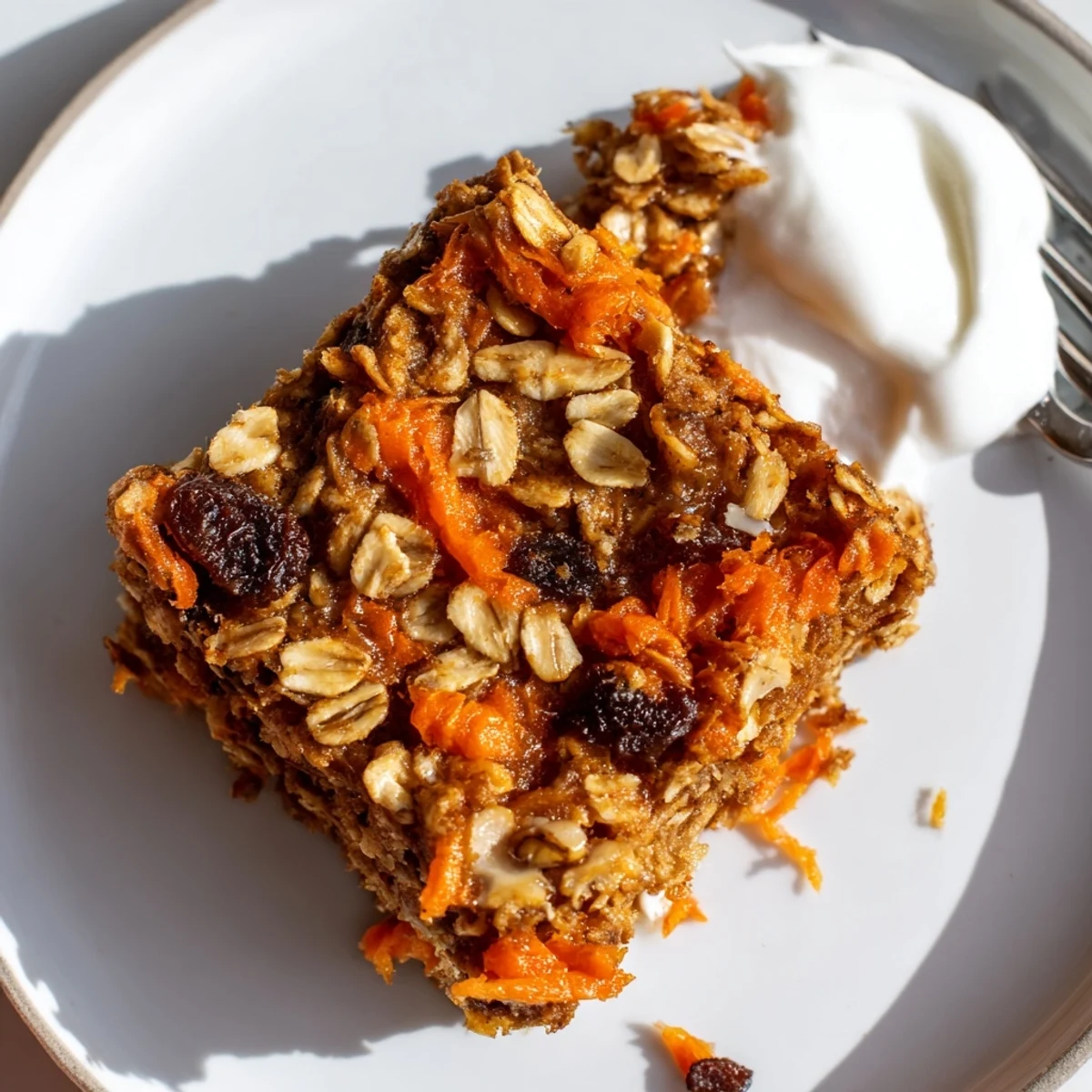 Warm Carrot Cake Baked Oatmeal topped with yogurt and toasted walnuts