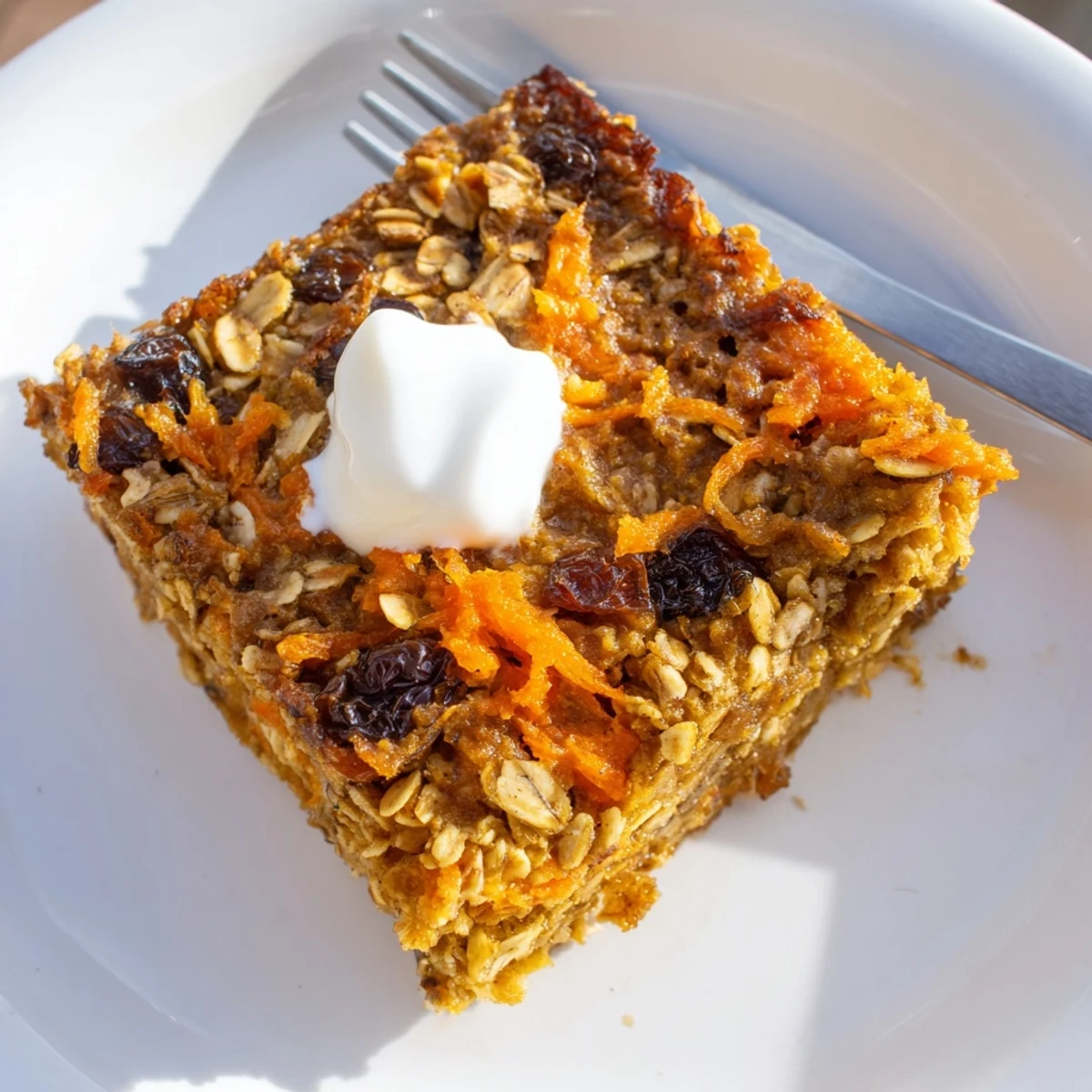 Slice of Carrot Cake Baked Oatmeal steaming on plate, cinnamon dusted