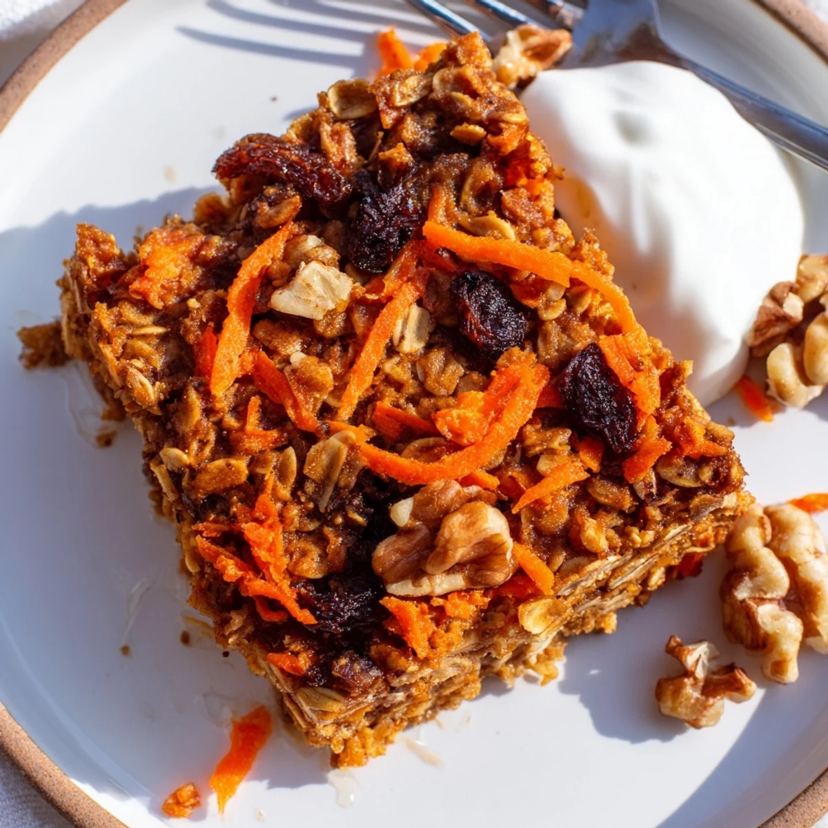 Browned Carrot Cake Baked Oatmeal in baking dish, raisins and maple drizzle