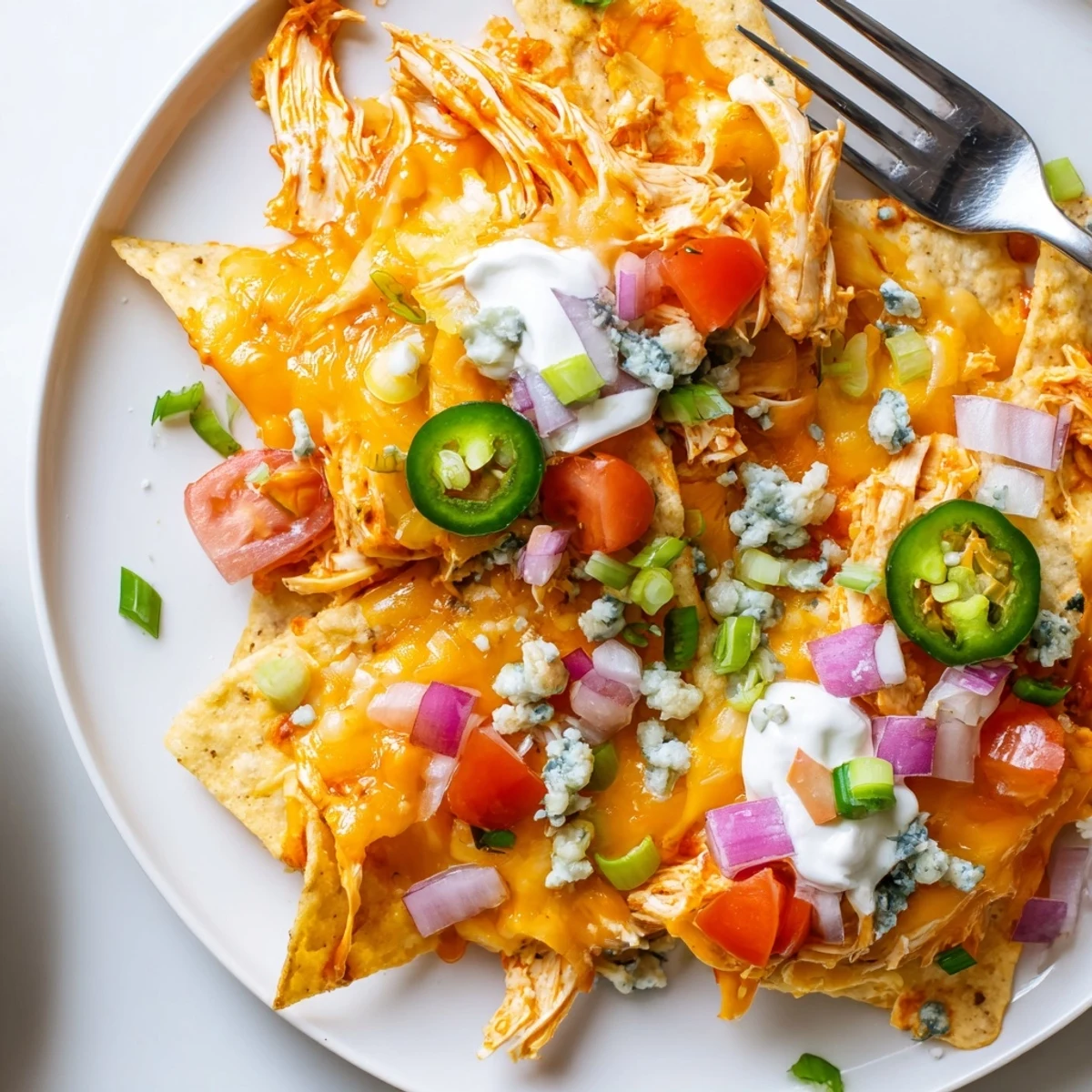 Buffalo Chicken Nachos piled high with melty cheese and spicy shredded chicken.