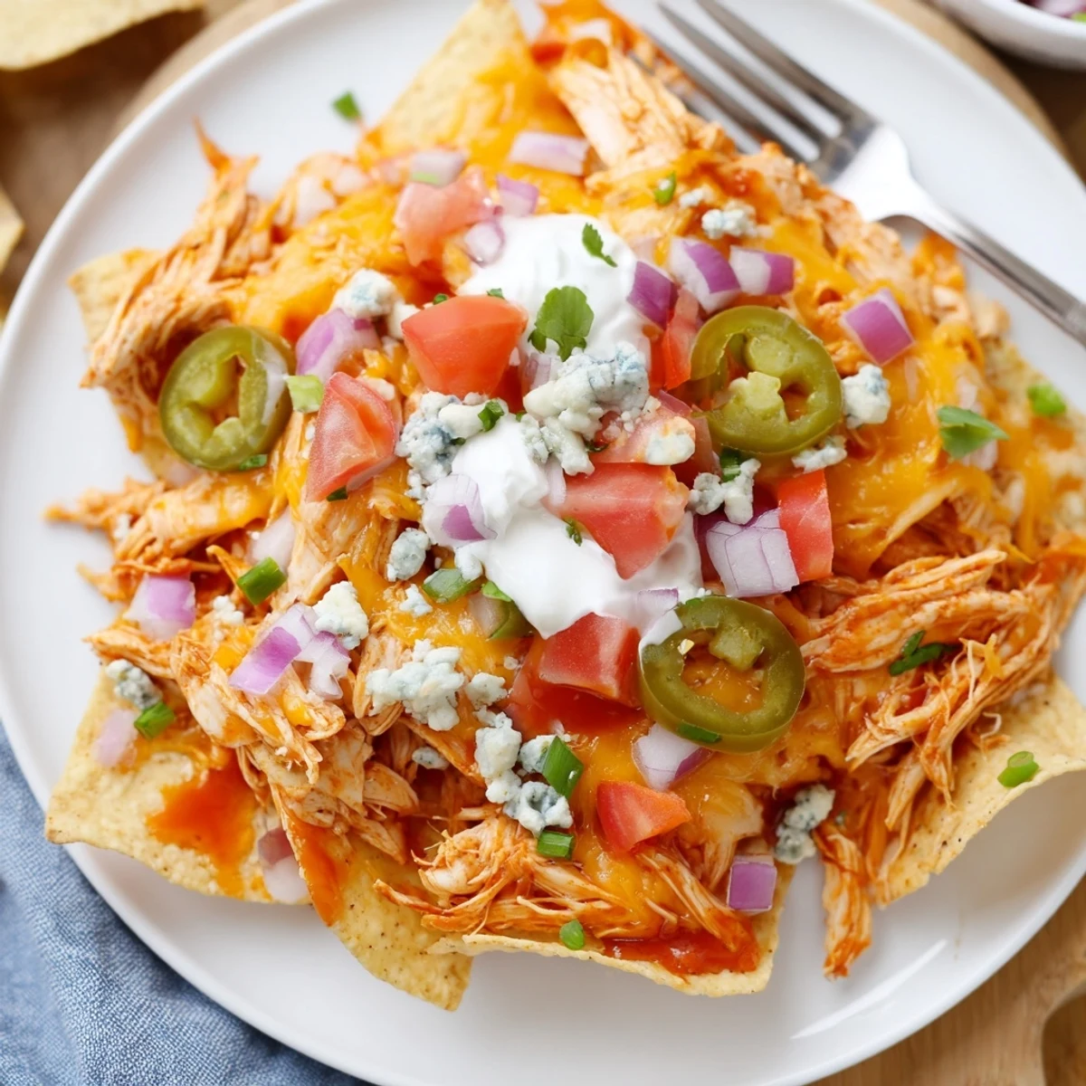 Oven-baked Buffalo Chicken Nachos topped with cool sour cream and cilantro.