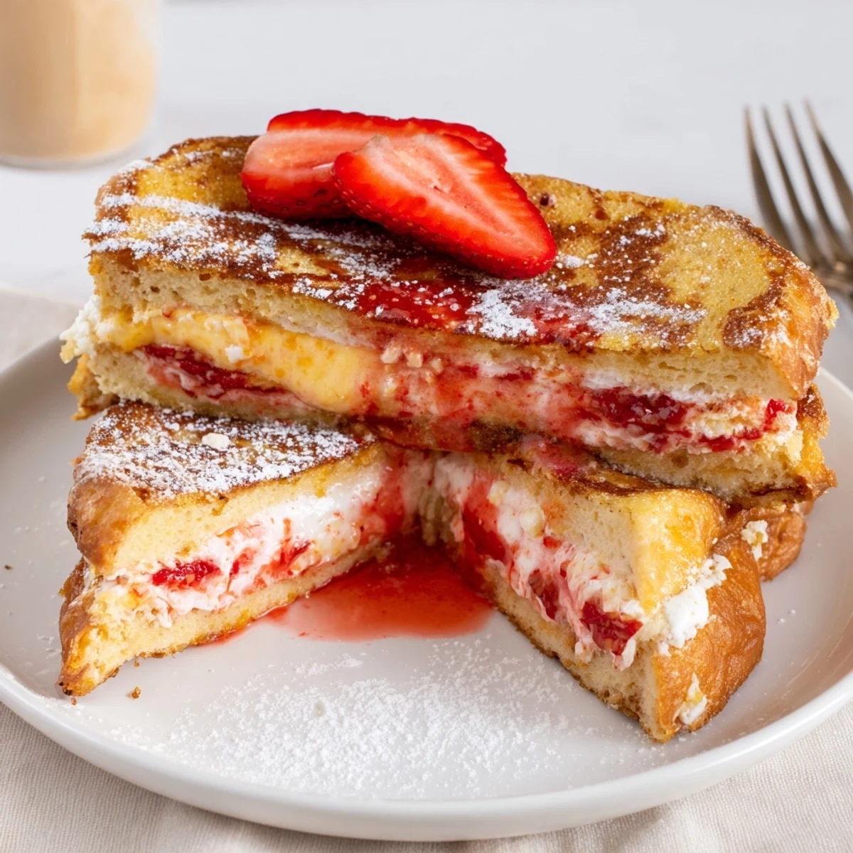 Cream Cheese Stuffed French Toast With Strawberry Drizzle, golden slices, warm creamy center.