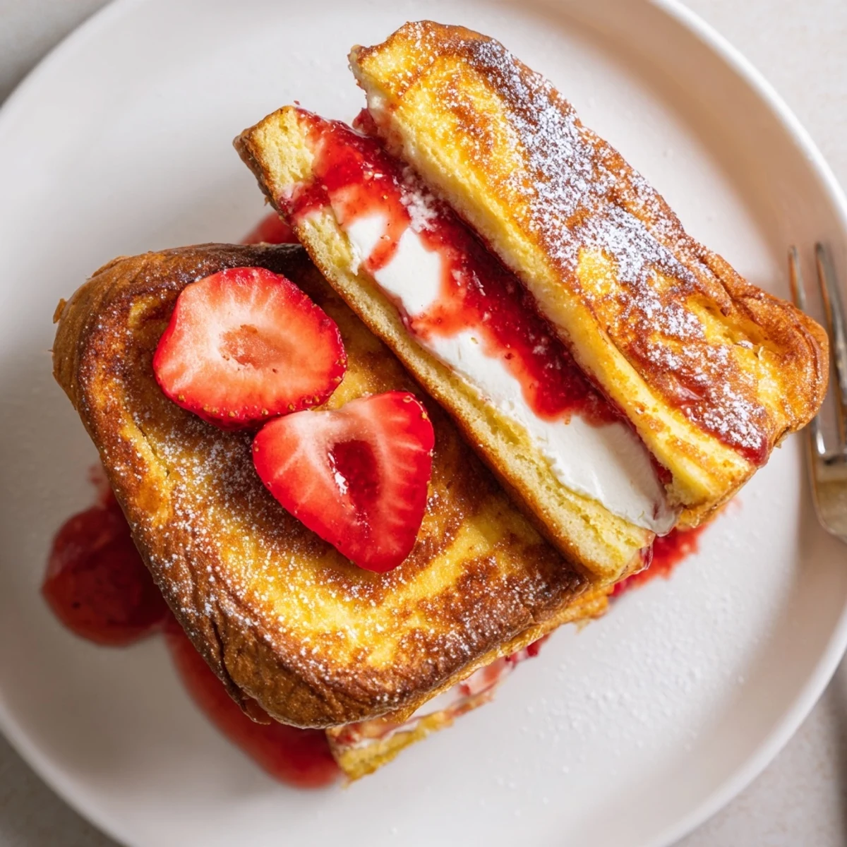 Plate of Cream Cheese Stuffed French Toast With Strawberry Drizzle, powdered sugar and berries.