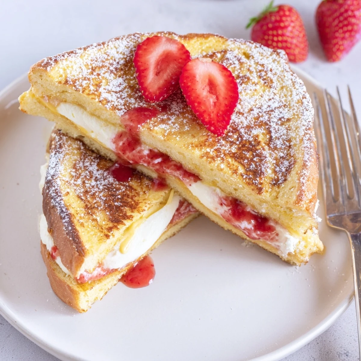 Stacked Cream Cheese Stuffed French Toast With Strawberry Drizzle, bright syrup glistening on top.