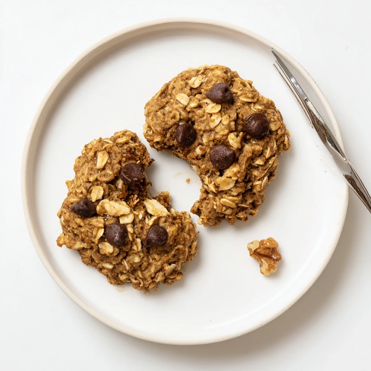 Chewy Banana Oat Cookies studded with chocolate chips, served with coffee